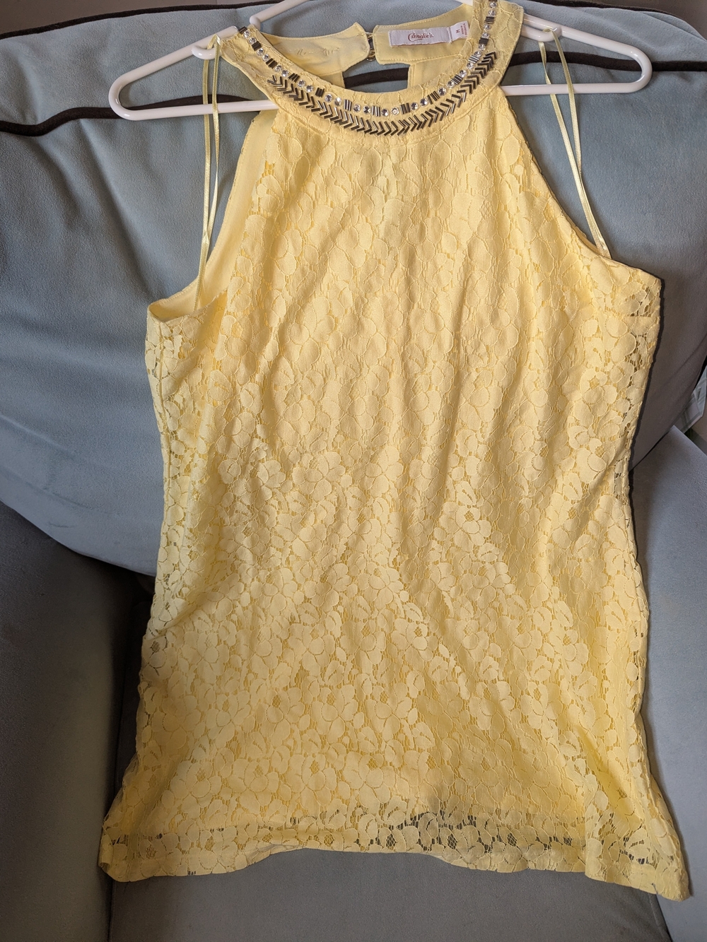 Candie's Yellow Lace Halter Dress with Beaded Neckline